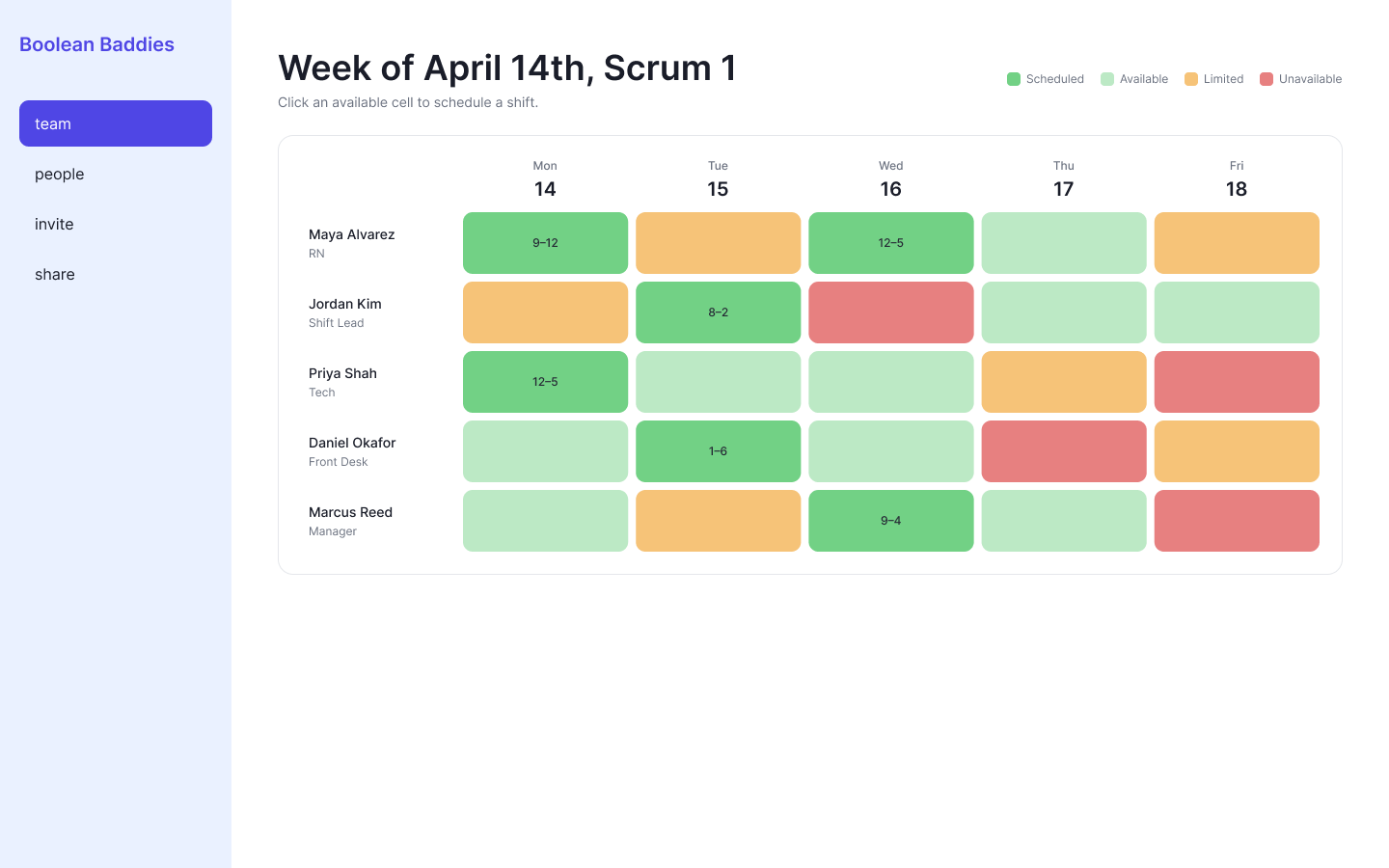 Shift schedule screen